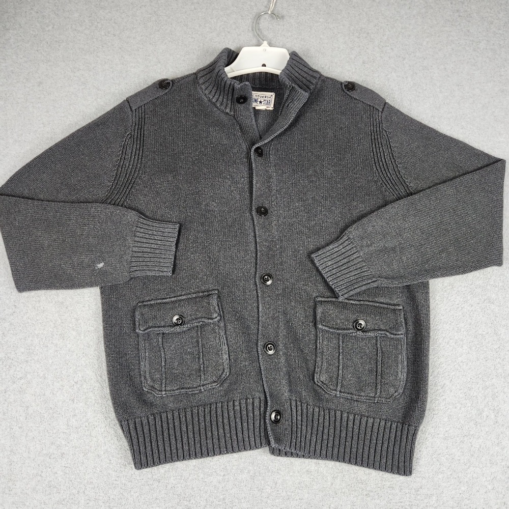 Converse One Star Cardigan Sweater Mens XL Gray Military Epaulettes Button Front